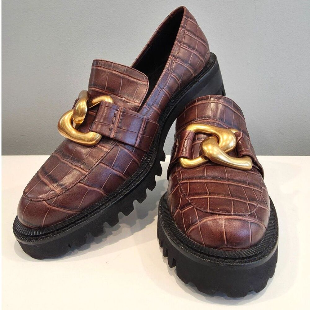 Aerosoles Lilia Brown Croc Embossed Leather Lug Sole Chain Loafers Womens 8